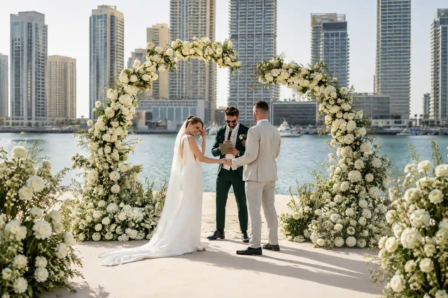 Outdoor wedding ceremony in Dubai with a bride and groom exchanging vows beneath a white floral arch, led by a wedding celebrant, with waterfront views and the Dubai skyline in the background.