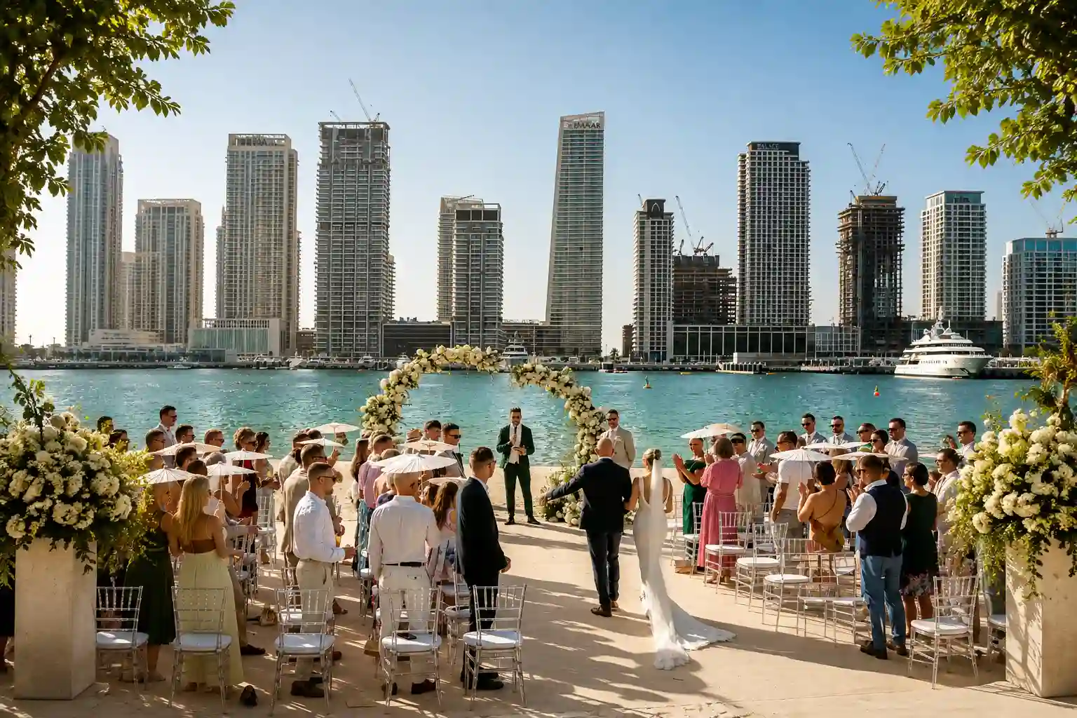 Outdoor waterfront wedding ceremony in Dubai, featuring a bride walking down the aisle toward a floral arch, surrounded by guests, with luxury yachts and the Dubai skyline in the background.