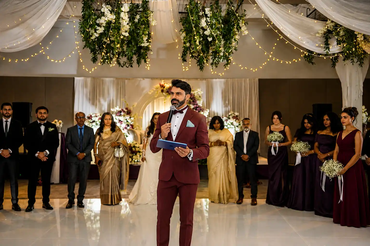 Wedding MC hosting an elegant indoor wedding reception, speaking into a microphone while the bridal party stands behind him beneath floral arrangements, draped décor and warm fairy lights.