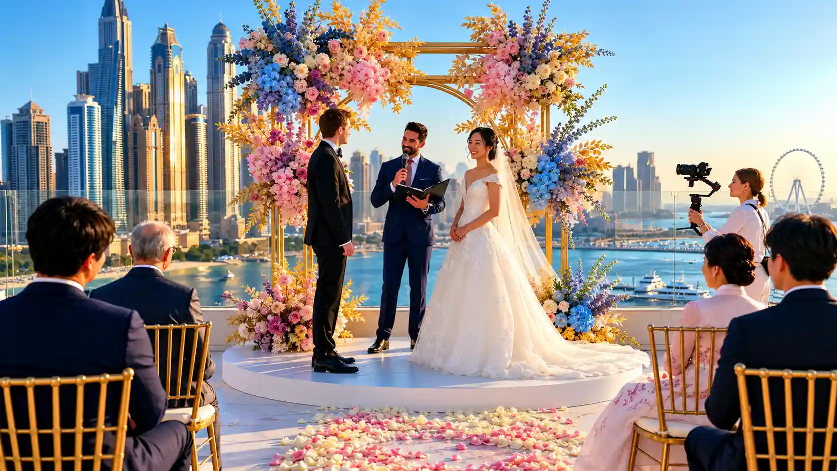 Luxury rooftop wedding ceremony overlooking Dubai Marina, with a bride and groom exchanging vows beneath a floral arch while guests watch during a sunset celebration.