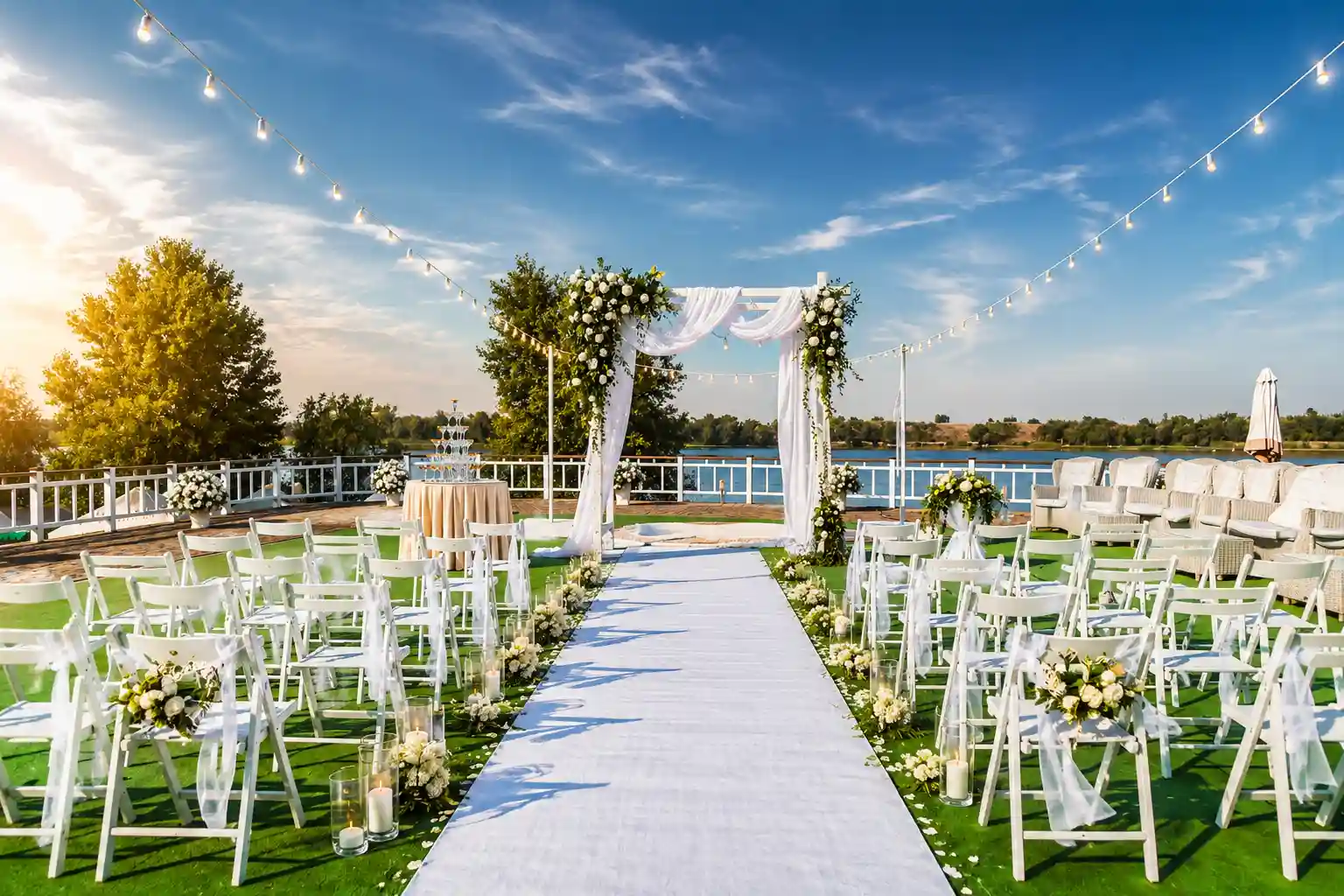 Elegant outdoor wedding ceremony setup beside a lake featuring a white floral arch, aisle runner, festoon lighting, and guest seating arranged for a luxury wedding celebration.